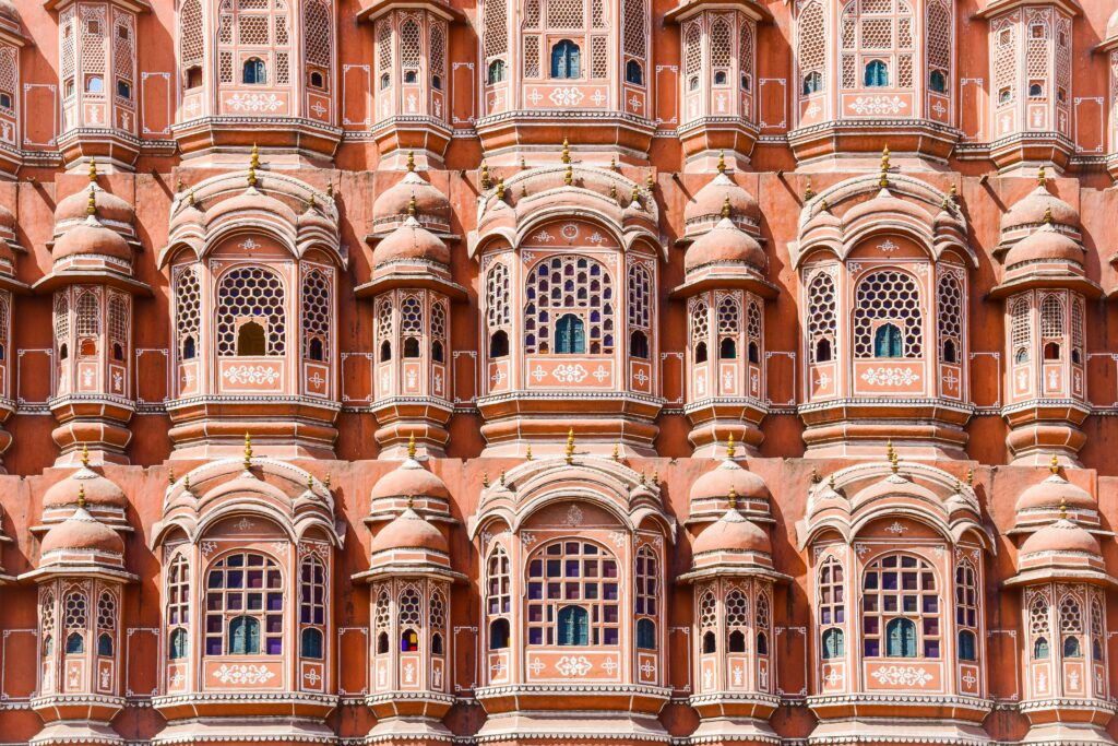 Close-up view of Hawa Mahal's detailed facade showcasing Mughal architecture in Jaipur, India.