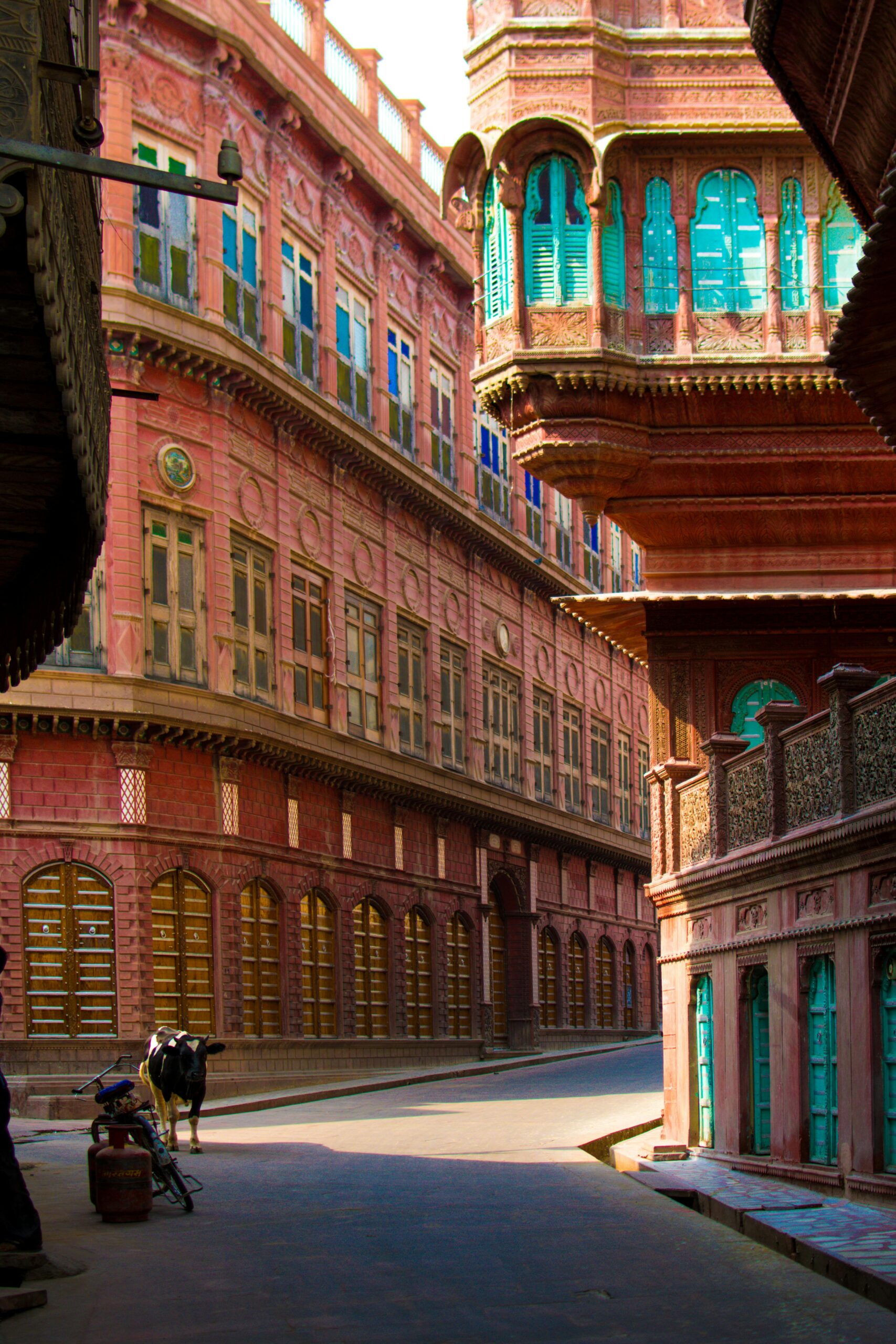 A vibrant street showcasing the historic architecture of Bikaner, India, with pink sandstone buildings.