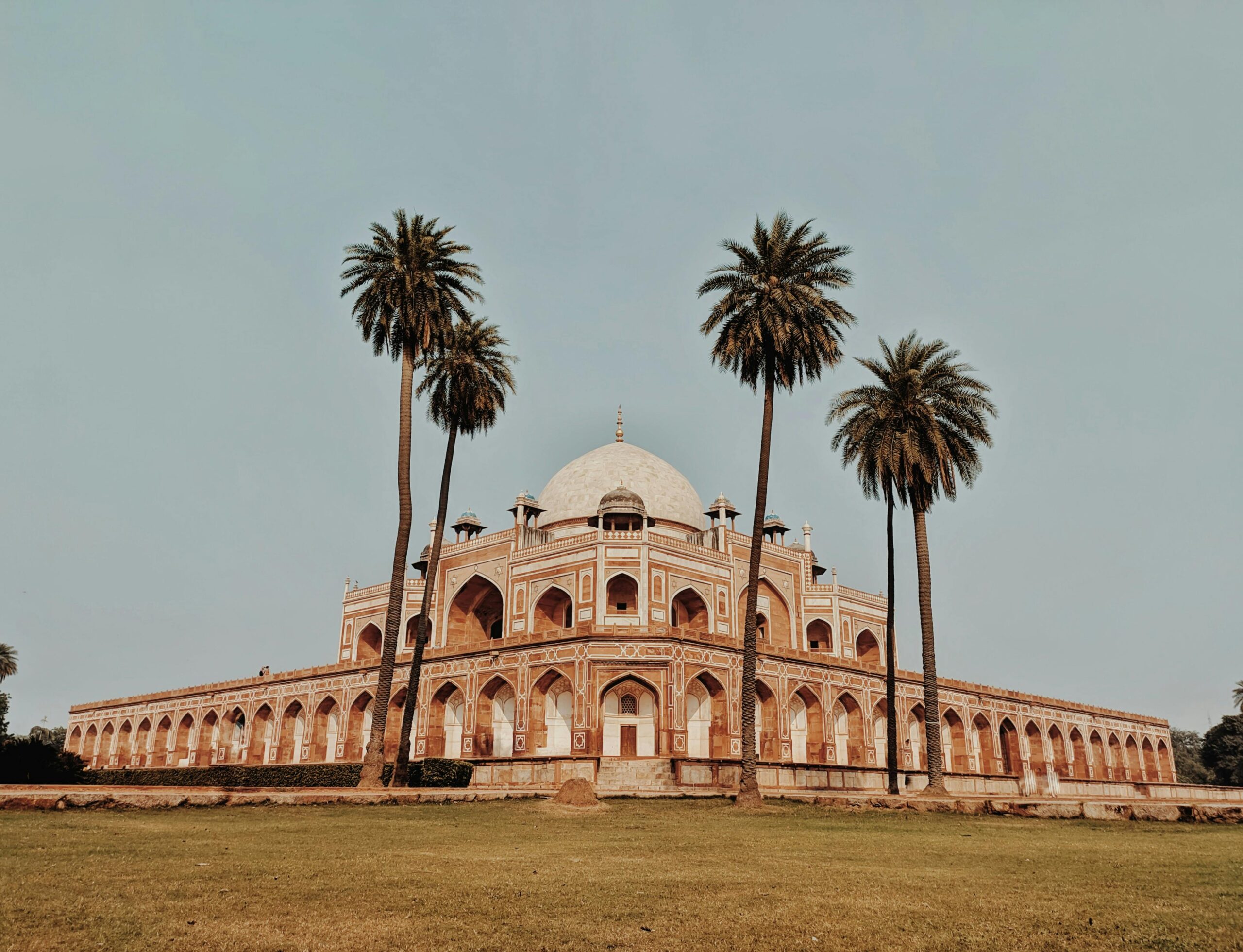 Captured view of Humayun's Tomb in New Delhi, framed by palm trees, a UNESCO World Heritage Site.