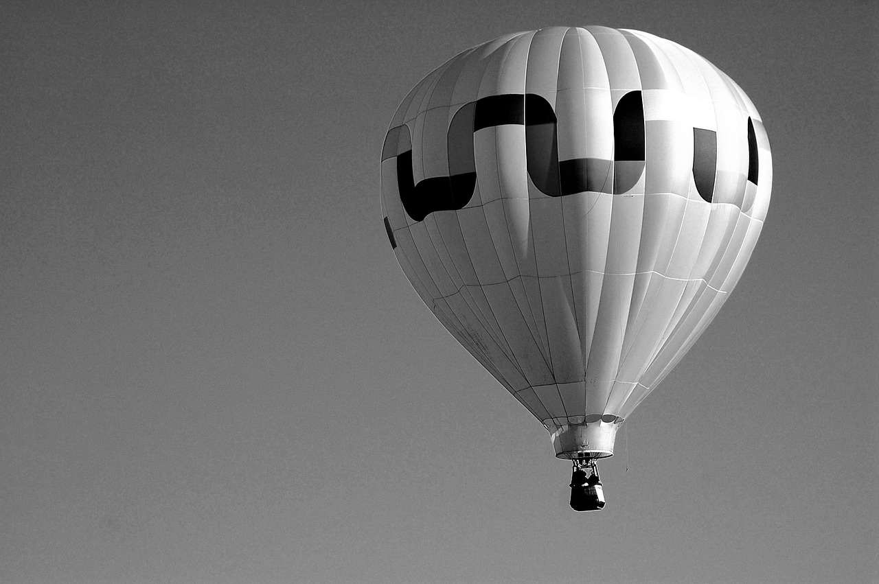 hot air balloon, flight, fly, nature, black and white, monochrome, flying, balloon, sky, air, ballooning, rise, recreation, freedom, transport, float, aviation, high, floating, adventure